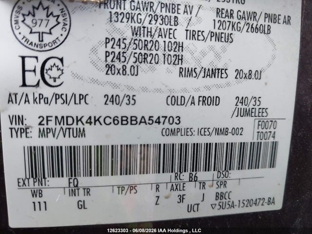 12623303 :رقم المزاد ، 2FMDK4KC6BBA54703 vin ، 2011 Ford Edge Limited مزاد بيع
