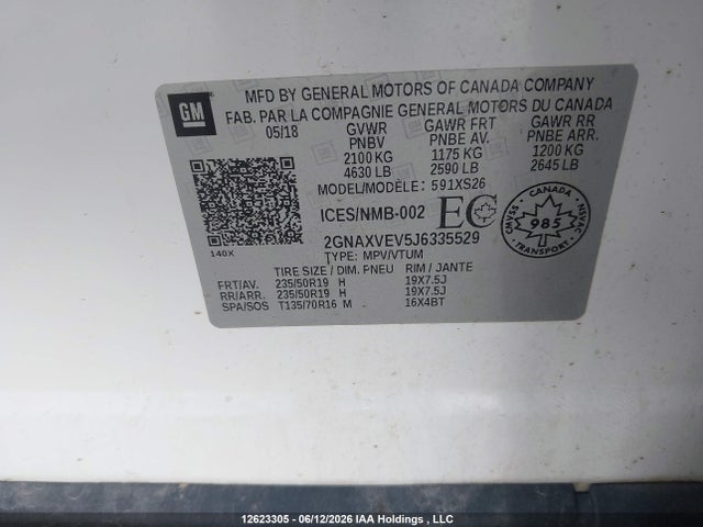 2018 Chevrolet Equinox მანქანა იყიდება აუქციონზე, vin: 2GNAXVEV5J6335529, აუქციონის ნომერი: 12623305