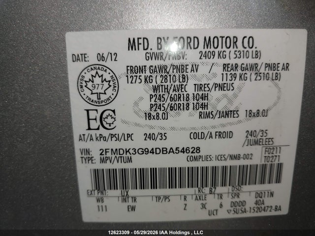 Продаж на аукціоні авто 2013 Ford Edge Se, vin: 2FMDK3G94DBA54628, номер лоту: 12623309