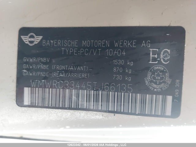 Aukcja sprzedaży 2005 Mini Cooper, vin: WMWRC33445TJ66135, numer aukcji: 12623342