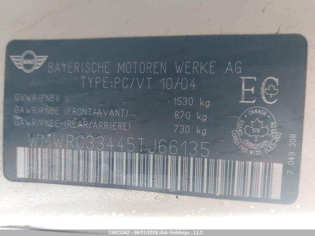 Aukcja sprzedaży 2005 Mini Cooper, vin: WMWRC33445TJ66135, numer aukcji: 12623342