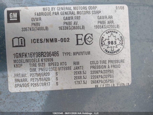 12623345 :رقم المزاد ، 1GNFK16Y98R206486 vin ، 2008 Chevrolet Suburban K1500 Ls مزاد بيع