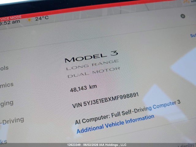 2021 Tesla Model 3 Long Range მანქანა იყიდება აუქციონზე, vin: 5YJ3E1EBXMF998891, აუქციონის ნომერი: 12623349