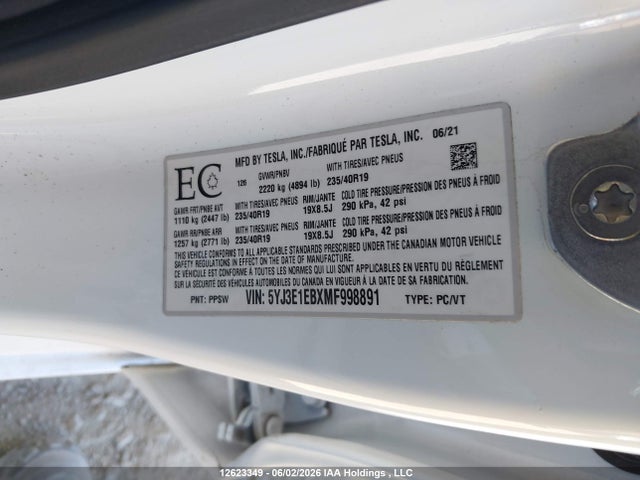 2021 Tesla Model 3 Long Range მანქანა იყიდება აუქციონზე, vin: 5YJ3E1EBXMF998891, აუქციონის ნომერი: 12623349