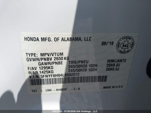 12623353 :رقم المزاد ، 5FNYF6H04LB502072 vin ، 2020 Honda Pilot Black Edition مزاد بيع