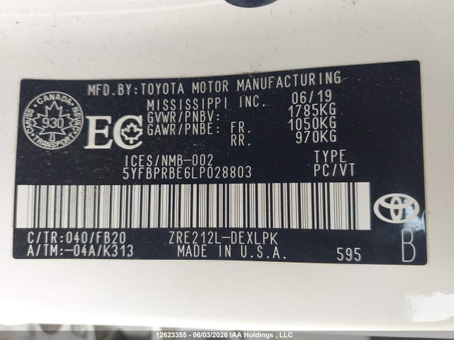 12623355 :رقم المزاد ، 5YFBPRBE6LP028803 vin ، 2020 Toyota Corolla Le مزاد بيع