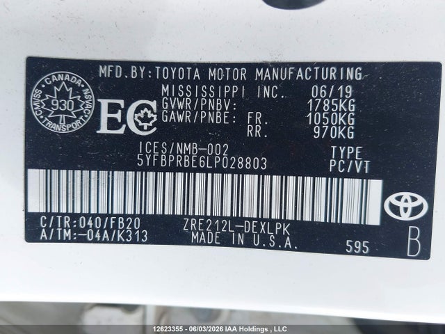 12623355 :رقم المزاد ، 5YFBPRBE6LP028803 vin ، 2020 Toyota Corolla Le مزاد بيع