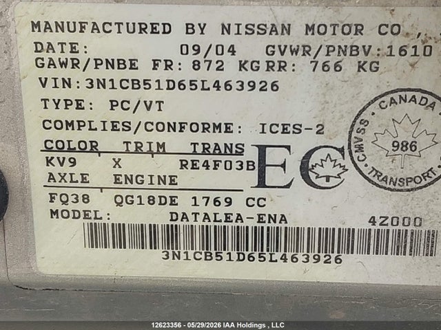 Aukcja sprzedaży 2005 Nissan Sentra 1.8/1.8 Special Edition Package/1.8s, vin: 3N1CB51D65L463926, numer aukcji: 12623356