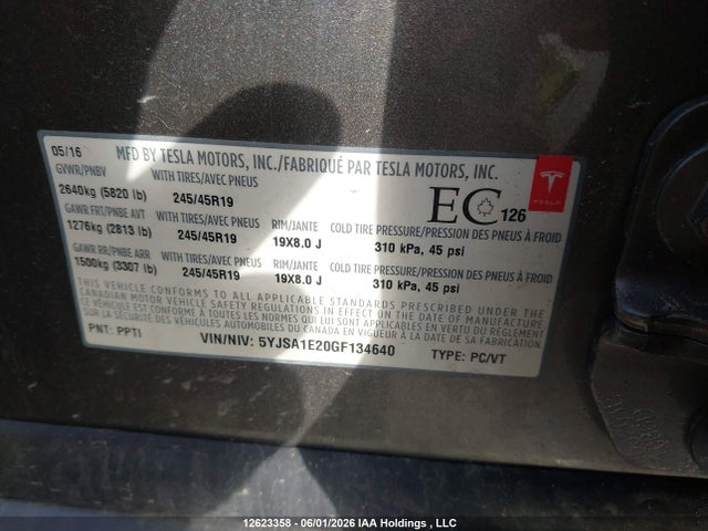 12623358 :رقم المزاد ، 5YJSA1E20GF134640 vin ، 2016 Tesla Model S مزاد بيع