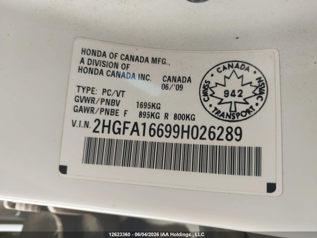 Продаж на аукціоні авто 2009 Honda Civic, vin: 2HGFA16699H026289, номер лоту: 12623360