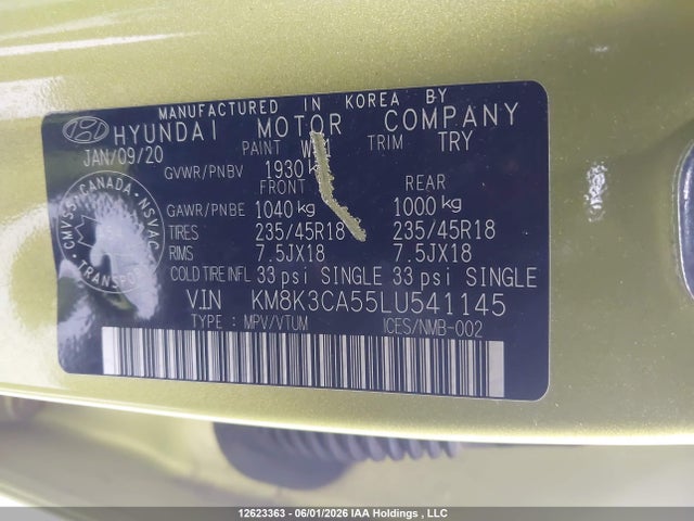 2020 Hyundai Kona Limited მანქანა იყიდება აუქციონზე, vin: KM8K3CA55LU541145, აუქციონის ნომერი: 12623363
