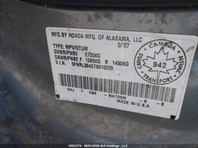 Aukcja sprzedaży 2007 Honda Odyssey Ex, vin: 5FNRL384X7B510035, numer aukcji: 12623370