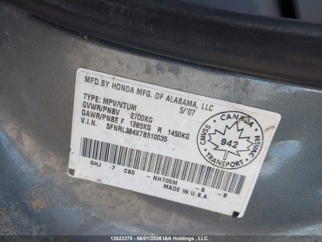 Aukcja sprzedaży 2007 Honda Odyssey Ex, vin: 5FNRL384X7B510035, numer aukcji: 12623370