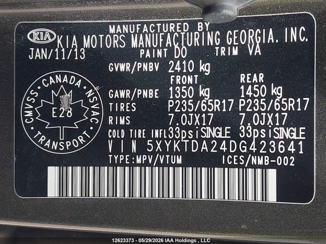 Auction sale of the 2013 Kia Sorento Lx, vin: 5XYKTDA24DG423641, lot number: 12623373
