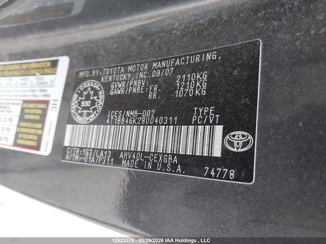 12623375 :رقم المزاد ، 4T1BB46K28U040311 vin ، 2008 Toyota Camry Hybrid مزاد بيع