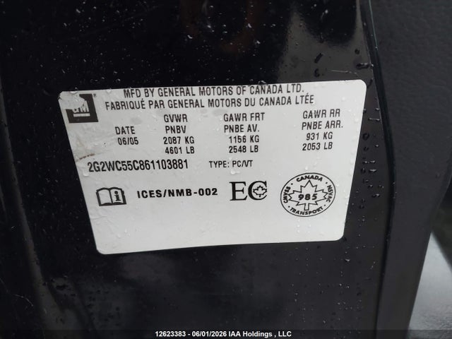 2006 Pontiac Grand Prix Gxp მანქანა იყიდება აუქციონზე, vin: 2G2WC55C861103881, აუქციონის ნომერი: 12623383