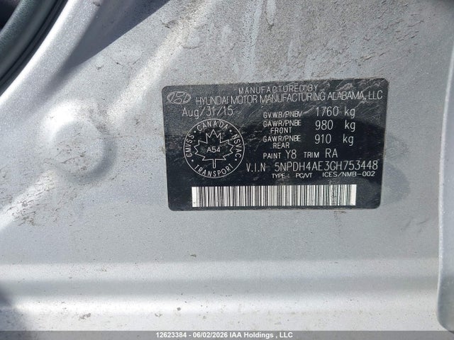 12623384 :رقم المزاد ، 5NPDH4AE3GH753448 vin ، 2016 Hyundai Elantra L+ مزاد بيع