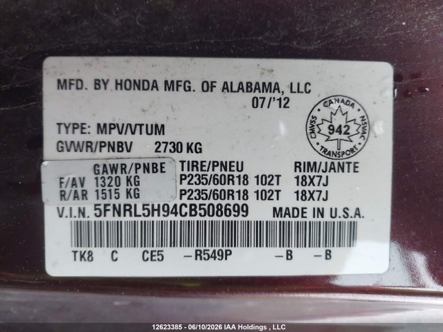 Продажа на аукционе авто 2012 Honda Odyssey Touring, vin: 5FNRL5H94CB508699, номер лота: 12623385
