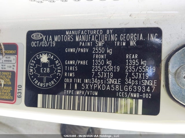 5XYPKDA58LG639347 KIA Sorento 3.3l Sx