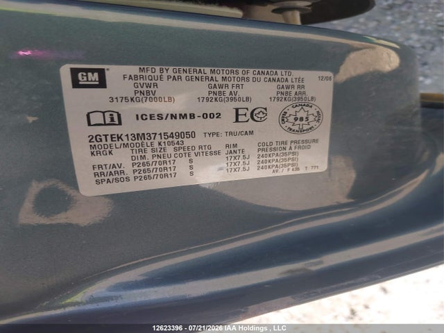 Auction sale of the 2007 Gmc Sierra 1500 All-new Sle/slt/wt, vin: 2GTEK13M371549050, lot number: 12623396