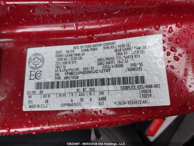Aukcja sprzedaży 2019 Ford Escape Sel, vin: 1FMCU0HD0KUC12767, numer aukcji: 12623407