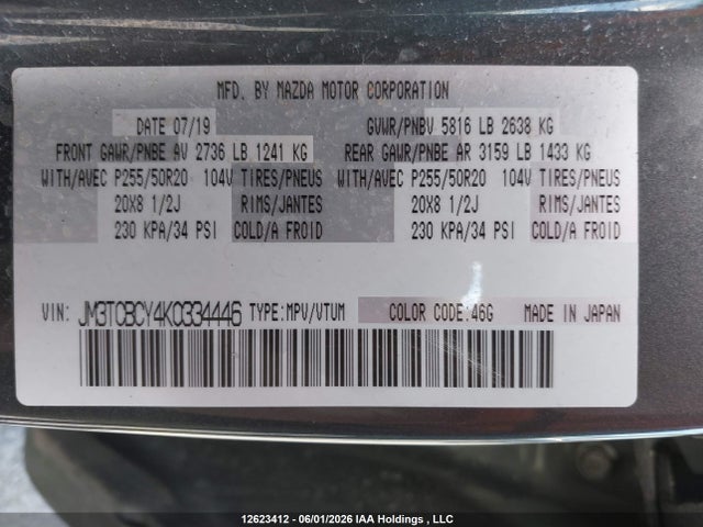 12623412 :رقم المزاد ، JM3TCBCY4K0334446 vin ، 2019 Mazda Cx-9 Touring مزاد بيع