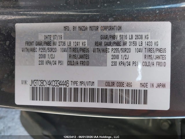 12623412 :رقم المزاد ، JM3TCBCY4K0334446 vin ، 2019 Mazda Cx-9 Touring مزاد بيع