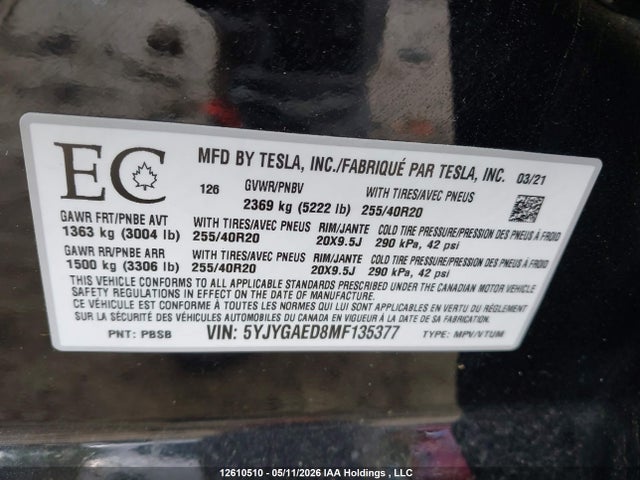 Aukcja sprzedaży 2021 Tesla Model Y Performance/standard Range, vin: 5YJYGAED8MF135377, numer aukcji: 12610510