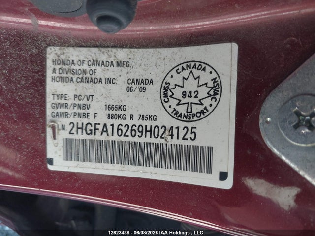 12623438 :رقم المزاد ، 2HGFA16269H024125 vin ، 2009 Honda Civic Dx مزاد بيع