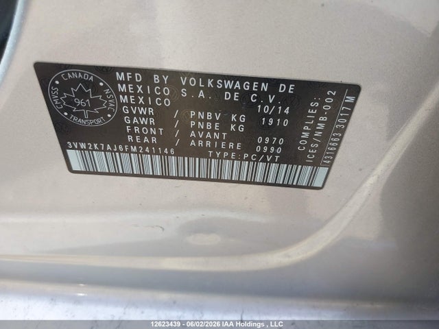 12623439 :رقم المزاد ، 3VW2K7AJ6FM241146 vin ، 2015 Volkswagen Jetta S مزاد بيع