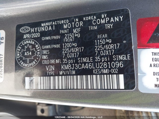 Продаж на аукціоні авто 2020 Hyundai Tucson Limited/sel/sport/ultimate/value, vin: KM8J3CA46LU281096, номер лоту: 12623446