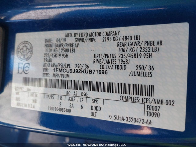 Aukcja sprzedaży 2019 Ford Escape Titanium, vin: 1FMCU9J92KUB71696, numer aukcji: 12623448