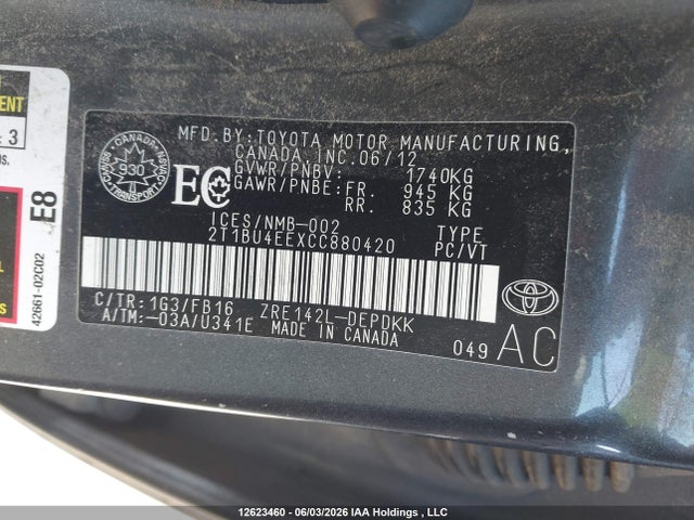 2012 Toyota Corolla Ce მანქანა იყიდება აუქციონზე, vin: 2T1BU4EEXCC880420, აუქციონის ნომერი: 12623460