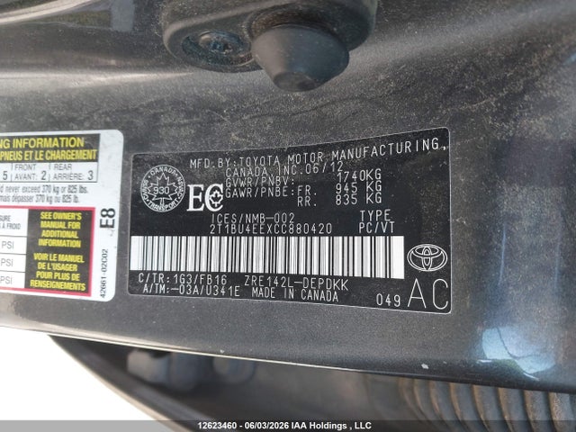 2012 Toyota Corolla Ce მანქანა იყიდება აუქციონზე, vin: 2T1BU4EEXCC880420, აუქციონის ნომერი: 12623460