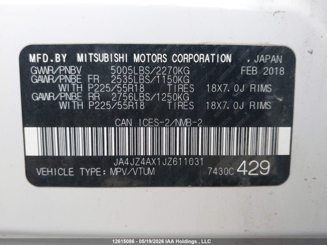 Продаж на аукціоні авто 2018 Mitsubishi Outlander Gt, vin: JA4JZ4AX1JZ611031, номер лоту: 12615086