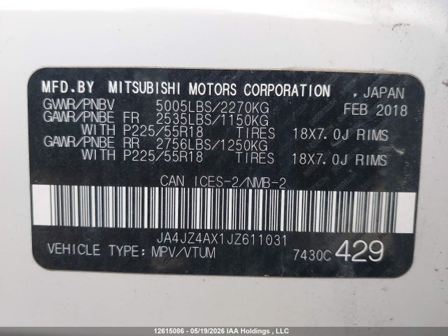 Продаж на аукціоні авто 2018 Mitsubishi Outlander Gt, vin: JA4JZ4AX1JZ611031, номер лоту: 12615086