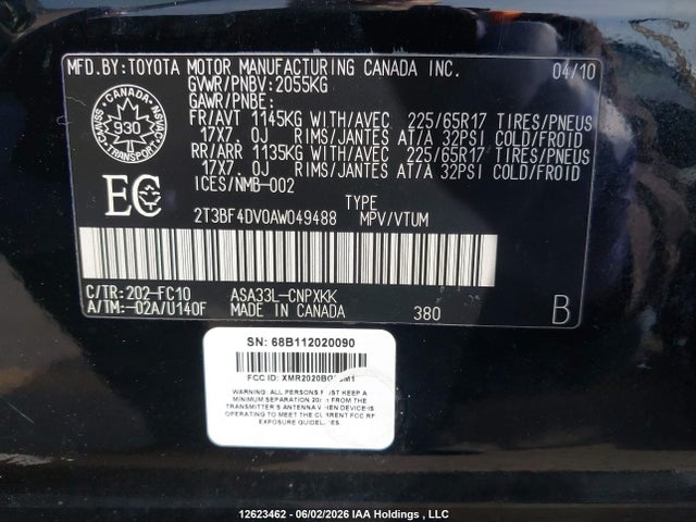 12623462 :رقم المزاد ، 2T3BF4DV0AW049488 vin ، 2010 Toyota Rav4 مزاد بيع