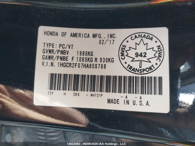 12623463 :رقم المزاد ، 1HGCR2F07HA806768 vin ، 2017 Honda Accord Touring مزاد بيع
