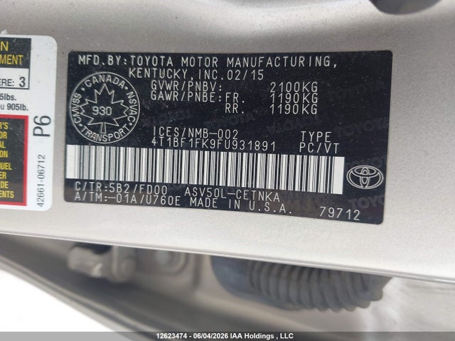 2015 Toyota Camry Le მანქანა იყიდება აუქციონზე, vin: 4T1BF1FK9FU931891, აუქციონის ნომერი: 12623474