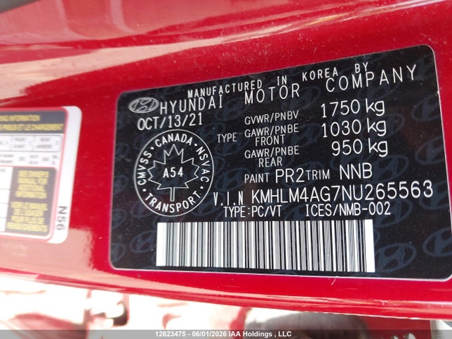 12623475 :رقم المزاد ، KMHLM4AG7NU265563 vin ، 2022 Hyundai Elantra Sel مزاد بيع
