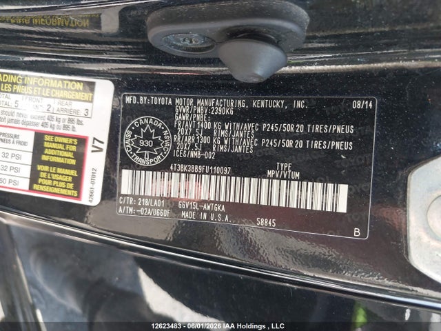 2015 Toyota Venza მანქანა იყიდება აუქციონზე, vin: 4T3BK3BB9FU110097, აუქციონის ნომერი: 12623483