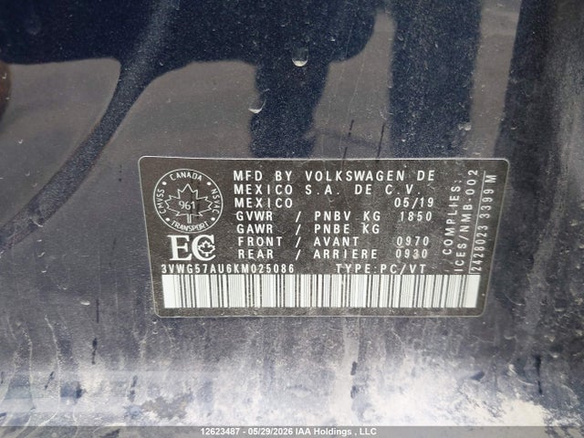 2019 Volkswagen Golf S/se მანქანა იყიდება აუქციონზე, vin: 3VWG57AU6KM025086, აუქციონის ნომერი: 12623487