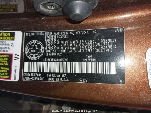 Продажа на аукционе авто 2013 Toyota Venza Base V6, vin: 4T3BK3BB2DU075996, номер лота: 12607428