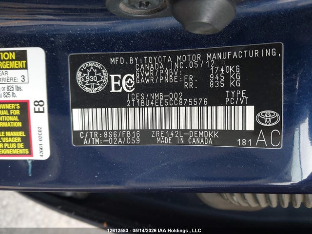 2012 Toyota Corolla Ce მანქანა იყიდება აუქციონზე, vin: 2T1BU4EE5CC875576, აუქციონის ნომერი: 12612583