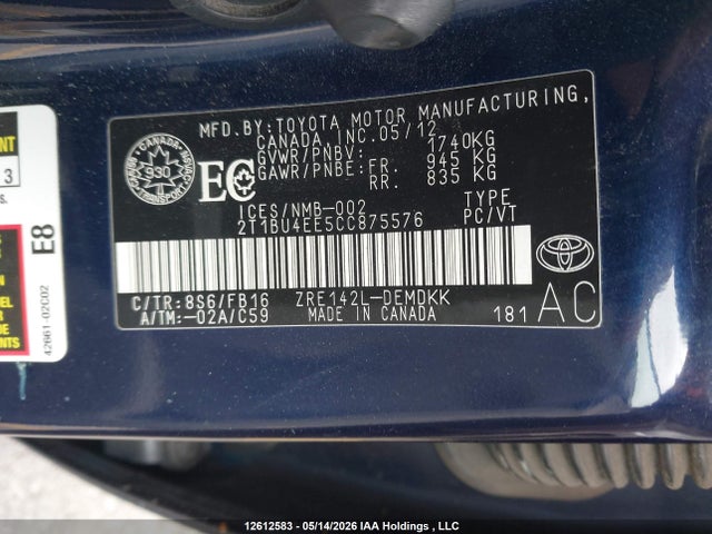 2012 Toyota Corolla Ce მანქანა იყიდება აუქციონზე, vin: 2T1BU4EE5CC875576, აუქციონის ნომერი: 12612583