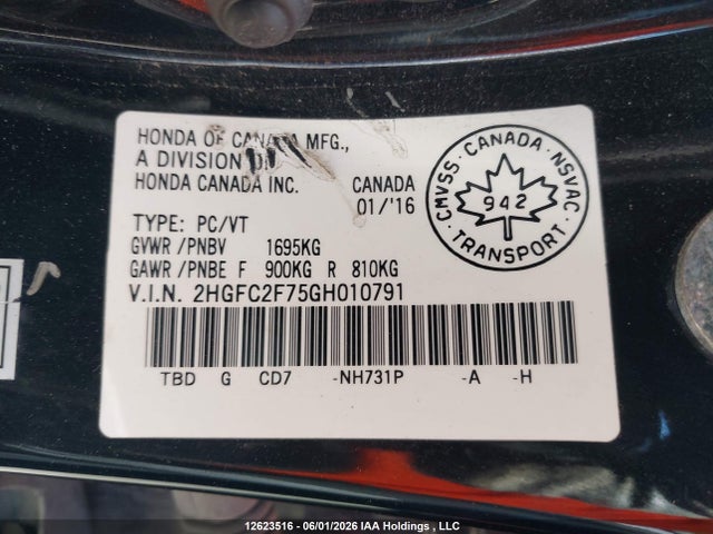 Aukcja sprzedaży 2016 Honda Civic, vin: 2HGFC2F75GH010791, numer aukcji: 12623516