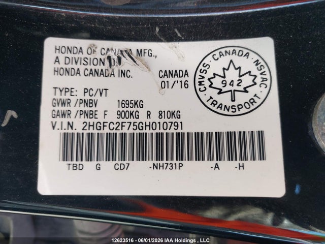 Aukcja sprzedaży 2016 Honda Civic, vin: 2HGFC2F75GH010791, numer aukcji: 12623516