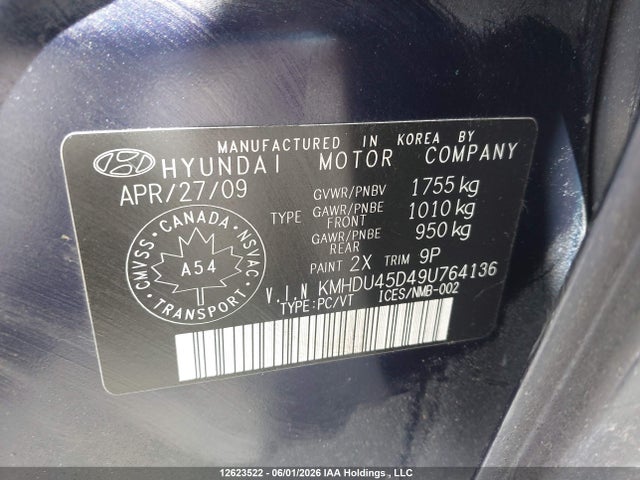 12623522 :رقم المزاد ، KMHDU45D49U764136 vin ، 2009 Hyundai Elantra مزاد بيع