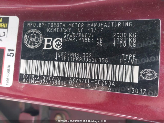 2018 Toyota Camry L/le/xle/se/xse მანქანა იყიდება აუქციონზე, vin: 4T1B11HK9JU538056, აუქციონის ნომერი: 12623530