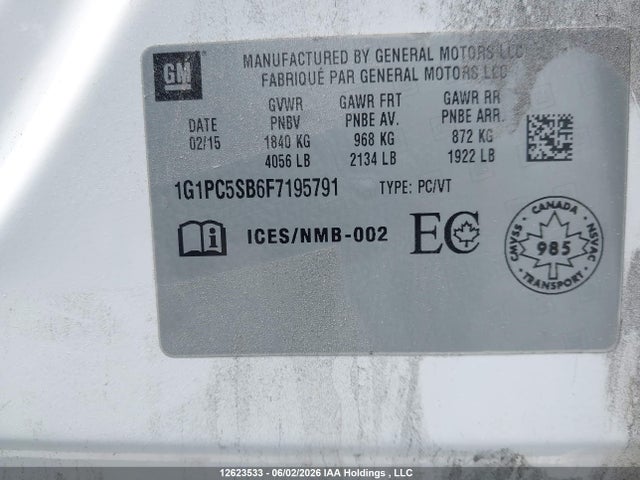 2015 Chevrolet Cruze Lt მანქანა იყიდება აუქციონზე, vin: 1G1PC5SB6F7195791, აუქციონის ნომერი: 12623533